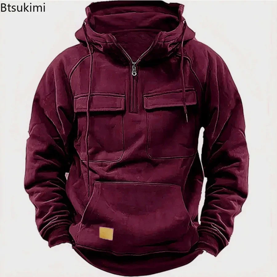 2024 Men\'s Hoodies Tactical Sweatshirts Half Zip Cargo Pullover with Big Pocket Men Outdoor Sports Gym Fitness Coats Loose Tops