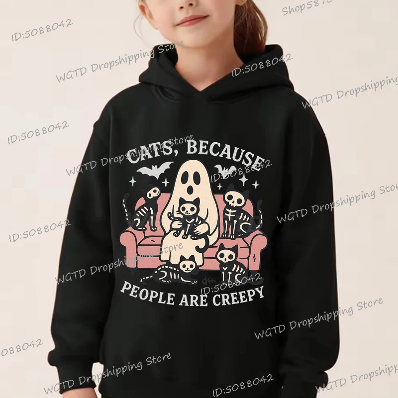 

Cats Because People Are Creepy Print Hoodies Halloween Funny Cartoon Ghost Sportswear Long Sleeve Boys Girls Halloween Hoody