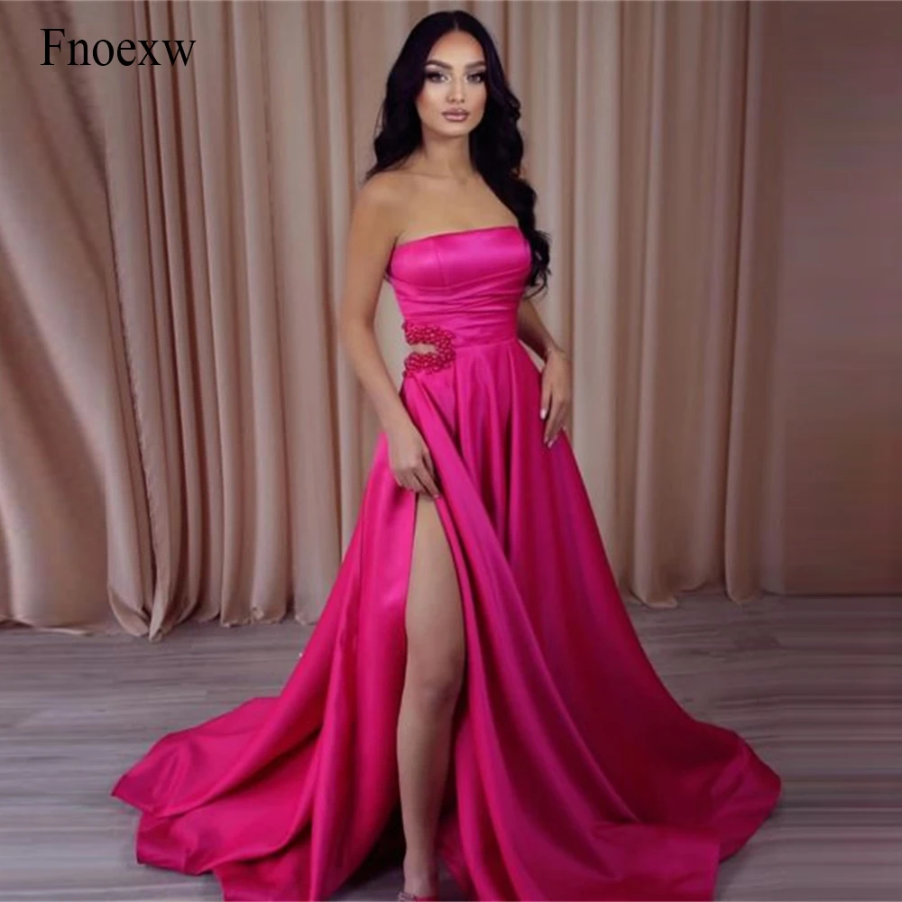 Fnoexw A-line Fuchsia Long Evening Dresses Off Shoulder Slit Woman Vestidos Para Eventos Especiales Pearls Vestidos De Fiesta