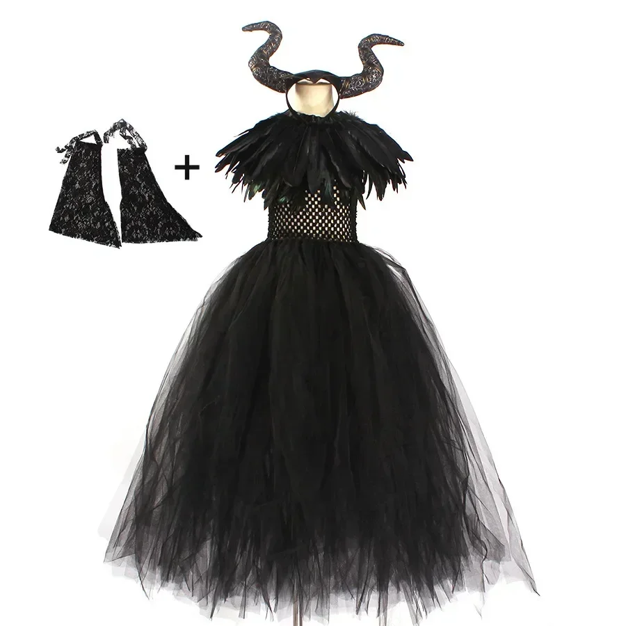 Halloween Mädchen Dunkles Cosplay Tutu-Kleid Kinder Teufel-Kostüm mit Flügeln, Horn-Stirnband und Zepter für Karneval und Kostümparty – Detail 11