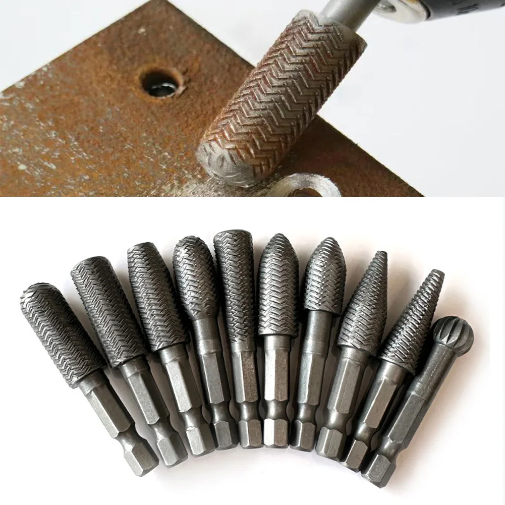 10pc-rotary-burr-rasp-set-wood-carving-file-rasp-drill-bits-1-4''-hex-shank-rotary-rasp-file-set-for-metal-deburring-and-reaming
