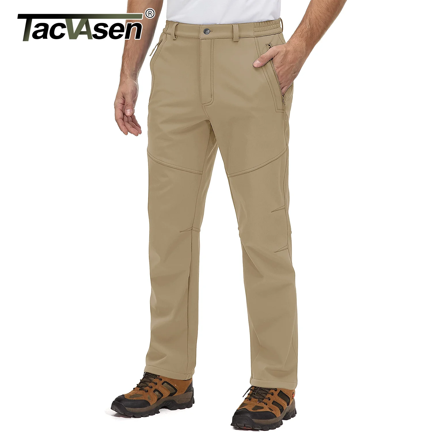 TACVASEN Fleece Lining Water Resistance Pants Men's Cargo Work Pants Thicken Winter Outdoor Ski Snowboard Trousers Zipper Pocket