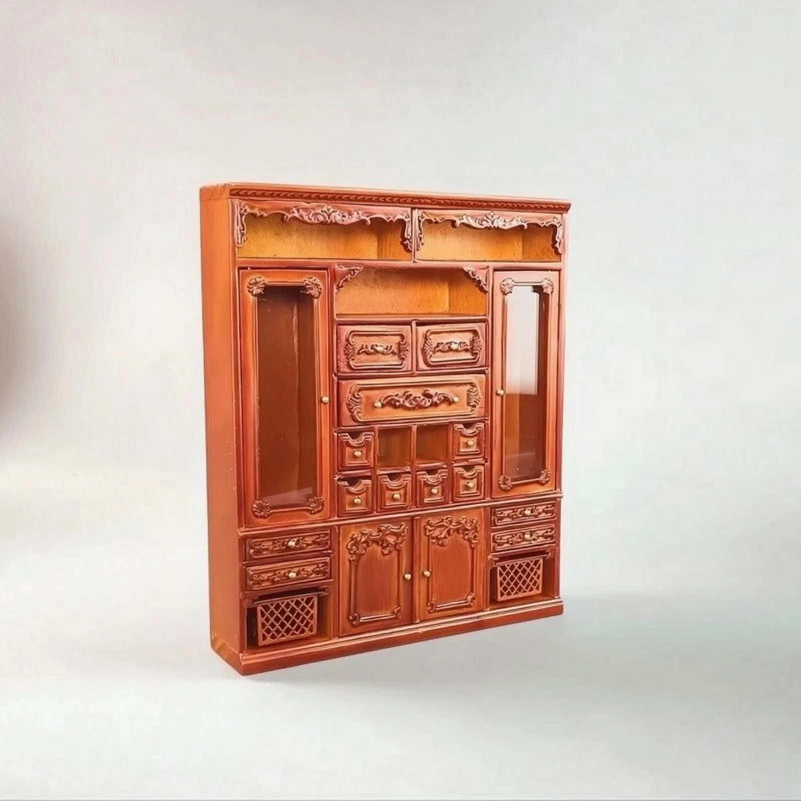 Miniature Cabinet with Mirrors 1:12 Scale Dollhouse Cabinet Miniature Wardrobe Carved Furniture Wooden for Collectors, Diorama