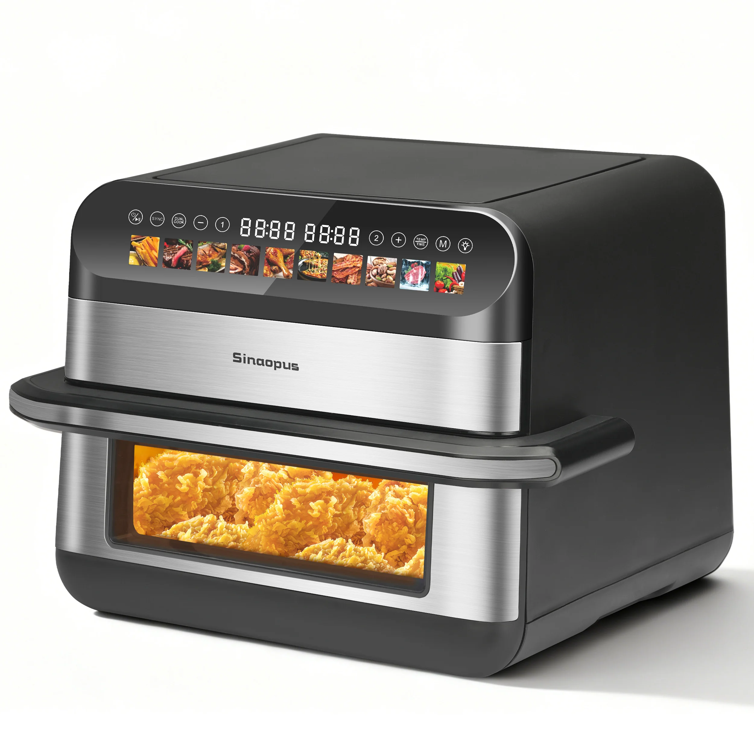 Sinaopus Friteuse sans huile 10L à double panier, Air Fryer XXL avec double compartiment, four à air chaud sans huile, écran tactile LED, fenêtre de visualisation, cuisson saine sans huile