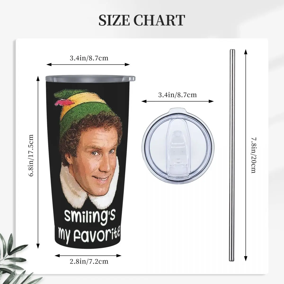 Smiling's My Favorite Buddy The Elf Movie Will Ferrell Stainless Steel Tumbler Mug Thermal Cold Bottle Straws With Lid 20oz