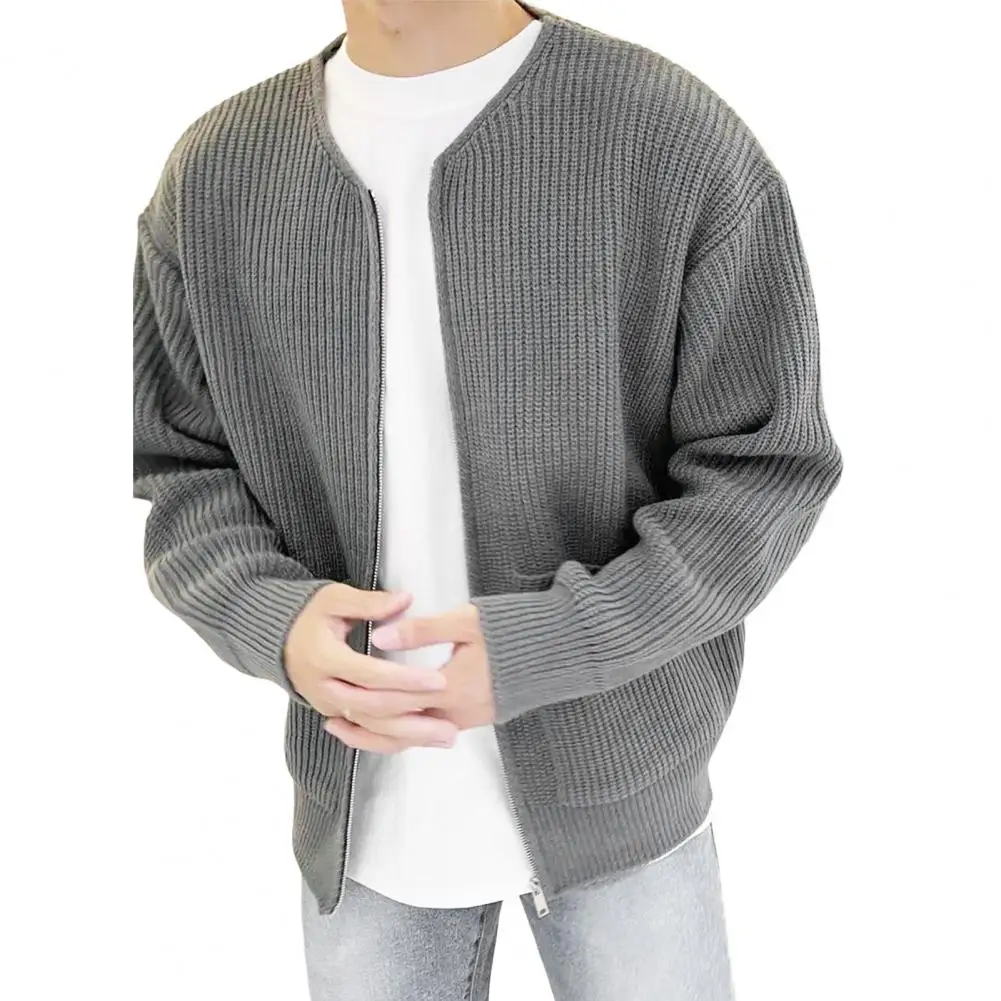 2024 Autumn Zipper-Up Knitted Sweatercoat for Men Solid Casual Slim Baisc Cardigan Hombre Round Neck Pocket Tops Male Outwear