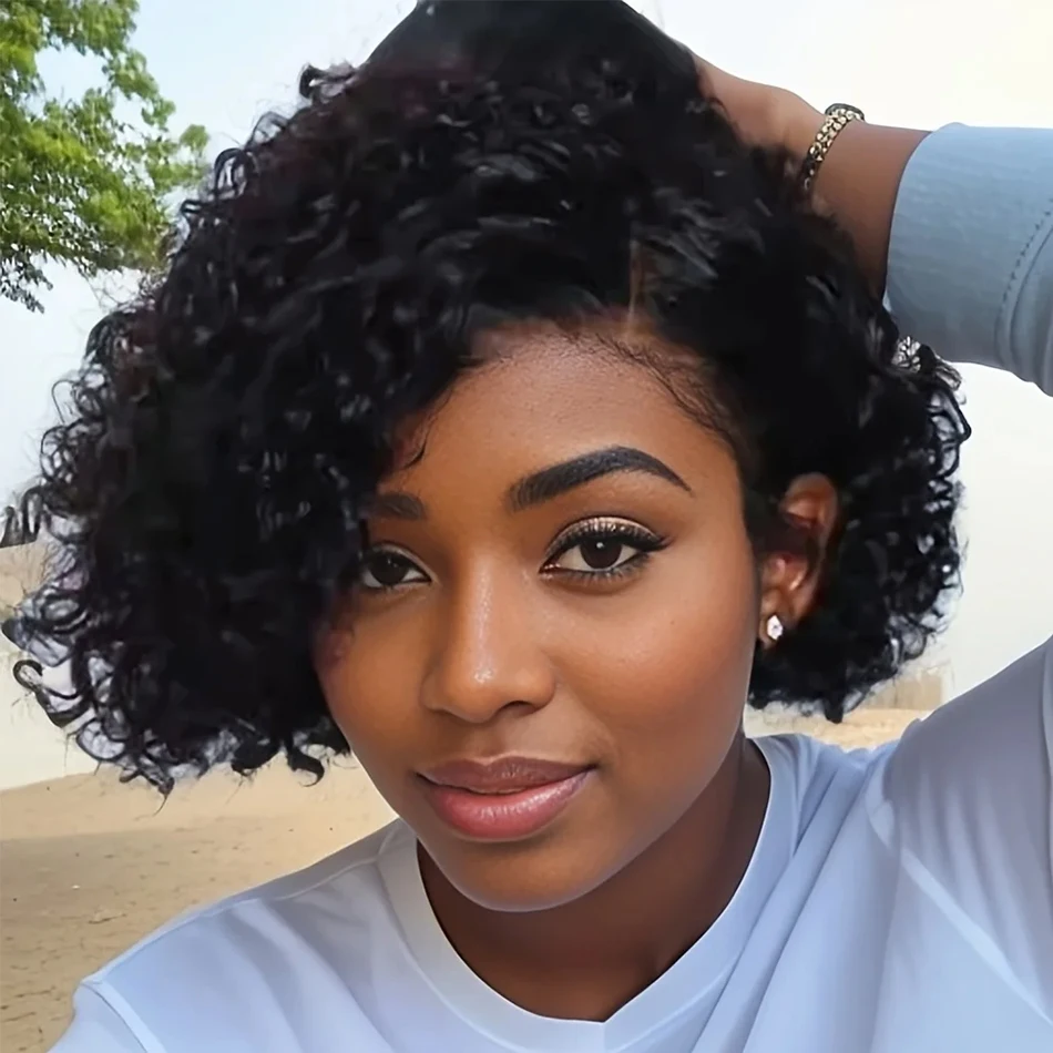 15A Brazilian Virgin Human Hair 210% Density 13*4 Lace Frontal Wigs  High Quality Curly Pixie Cut Wigs Natural Short Hair Style