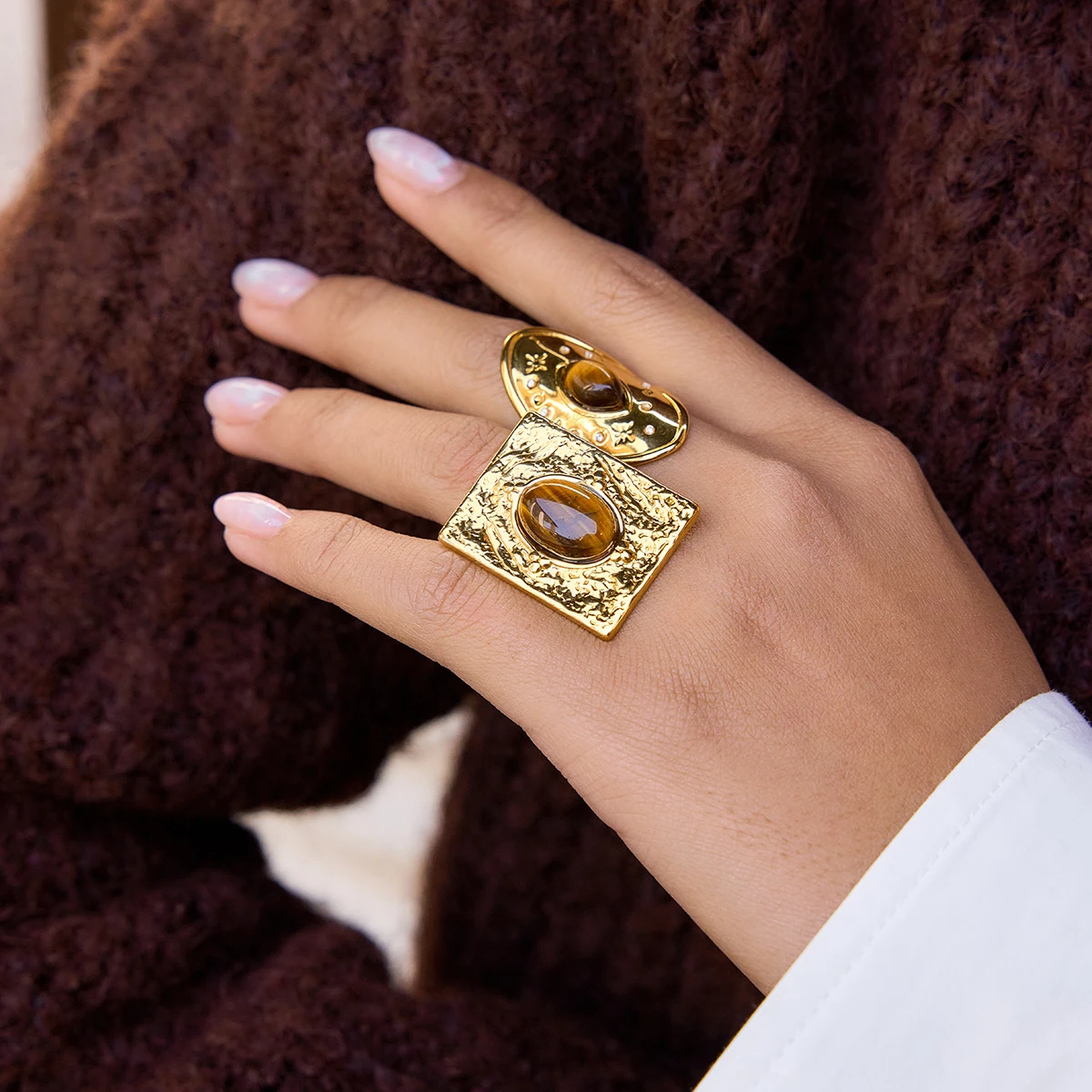 Yori Tiger Eye Stone Hammer Geometric Square Open Ring Waterproof Stainless Steel Trendy Exquisite Finger Jewelry