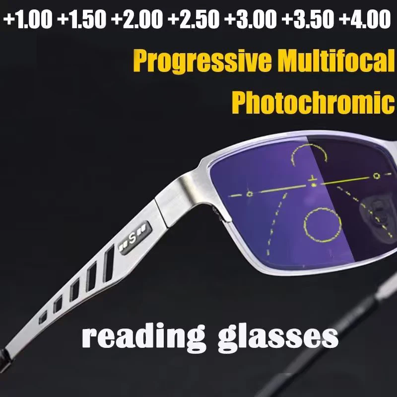 Adjustment Photochromic Multifocal Reading Glasses Men Progressive Anti-Blue Ray Business Spectacles Half-Frame Eyewear 1.0-3.5