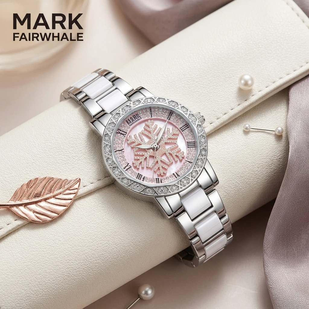 Luxury Female Quartz Watch Mark Fairwhale Round Shell Dial Snowflake Inlaid Rhinestone Ceramic Bracelet Ladies Wristwatch