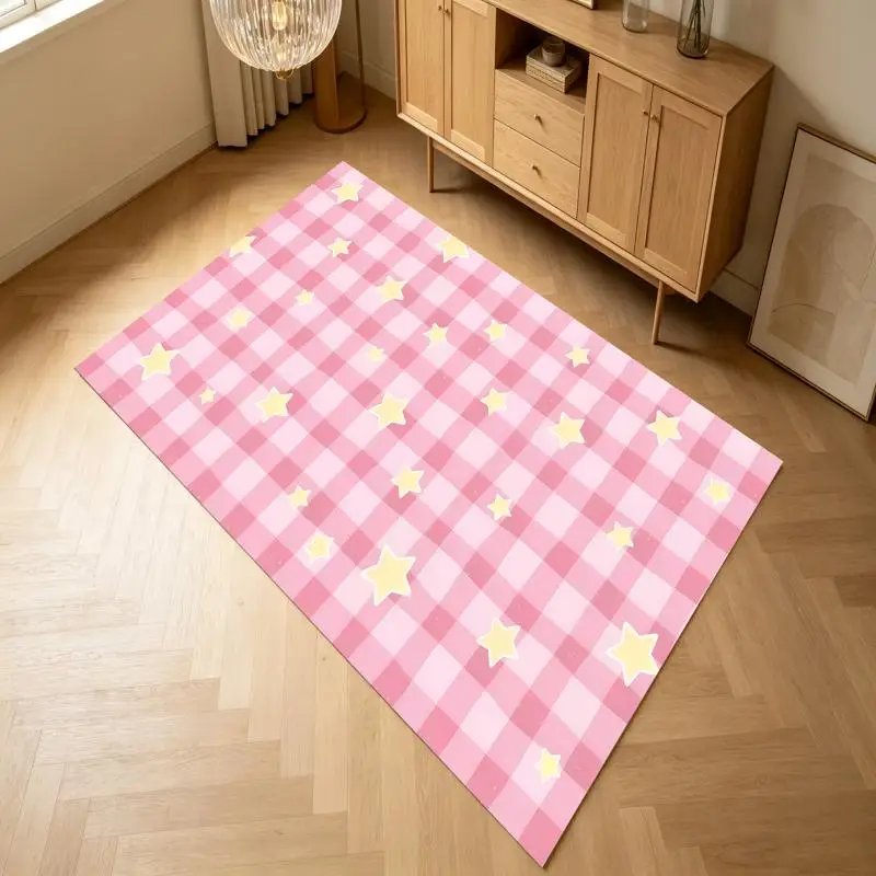 Pink White Plaid Yellow Star Print Rug Soft Velvet Living Room Bedroom Bedside Decor