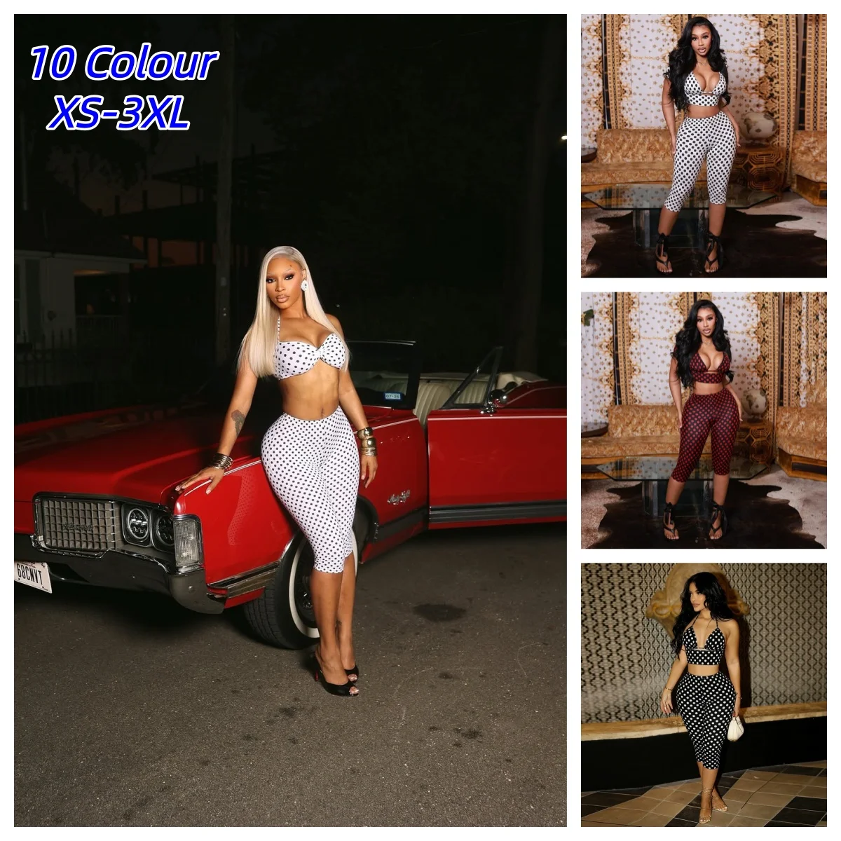 Y2K Polka Dot Print Women 2 Piece Set Halter Tank Tops+Bike Shorts Stretch Matching Streetwear Vacation Stretch Hip Hop Outfits