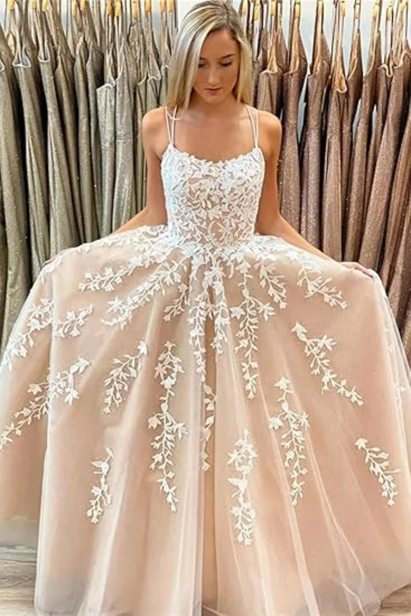 Tulle Spaghetti Straps Prom Dresses Long Lace Appliques Ball Gowns for Women