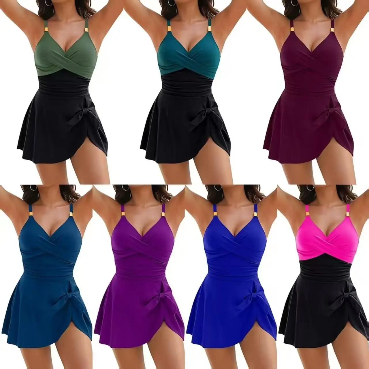 2026 New 8 Colors Cute Women Swimdress Tummy Control Sexy One Piece Slim & Comfortable Ruched & Cross Swimwear Elastic Beachwea