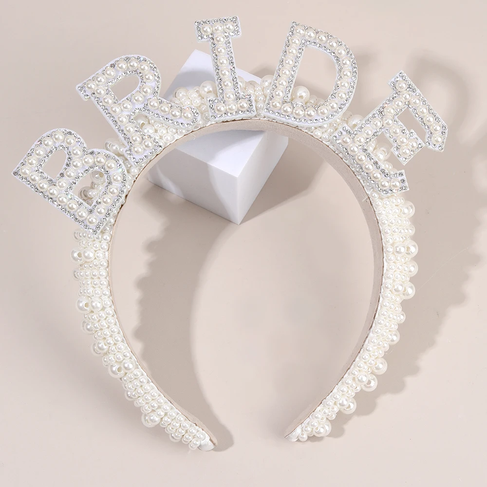 Pearl Headband Diadem Luxury Beads Rhinestone Wide Hair band Elegant BRIDE Letter Hairband Wedding Bride Women Tiara Accessories