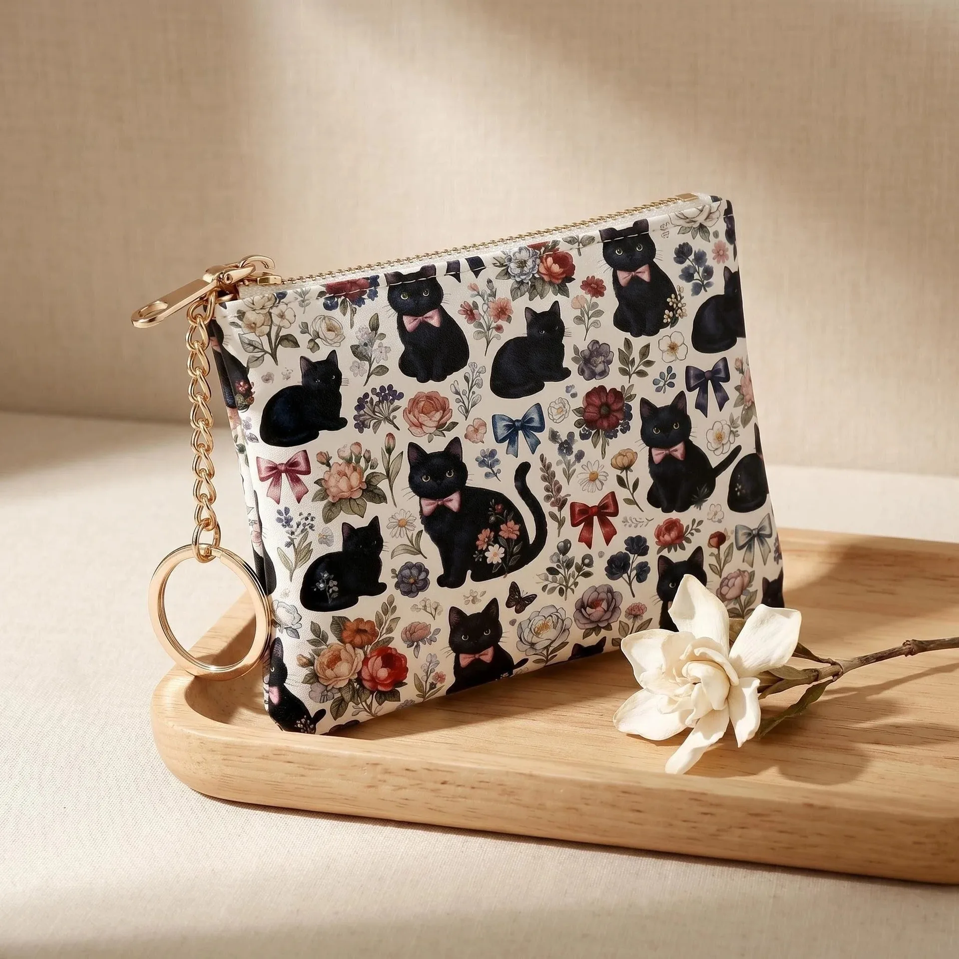 Cute Cat Print Pu Coin Purse with Zipper Keychain Coin Pouch Portable Square Small Card Holder Wallet