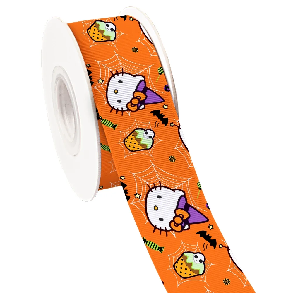 Hello Kitty Printed Sanrio Halloween Grosgrain Satin Ribbon For Hair Bows Headwear Cartoon Ribbons 10 Yards