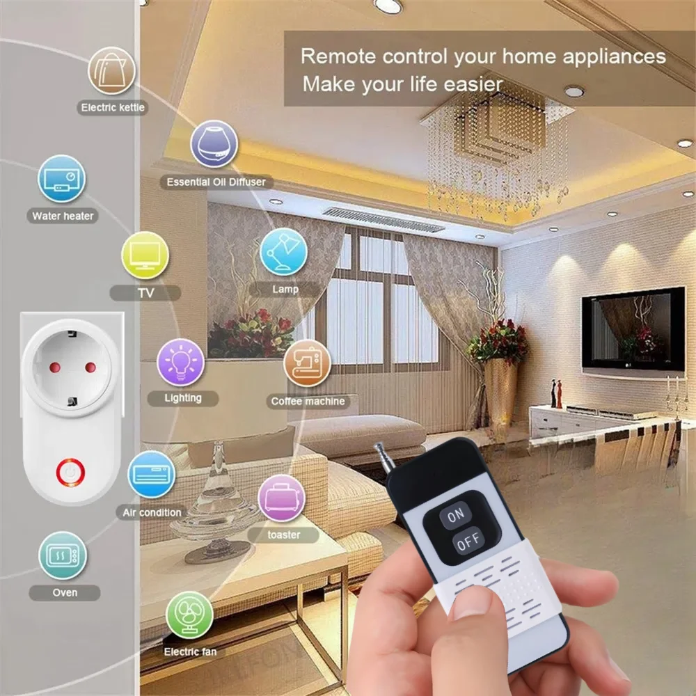 EU FR 433Mhz Wireless Smart Socket 15A 110V 220V RF Remote Control Plug 1000M Remote Electrical Outlet for Home Appliance ON OFF