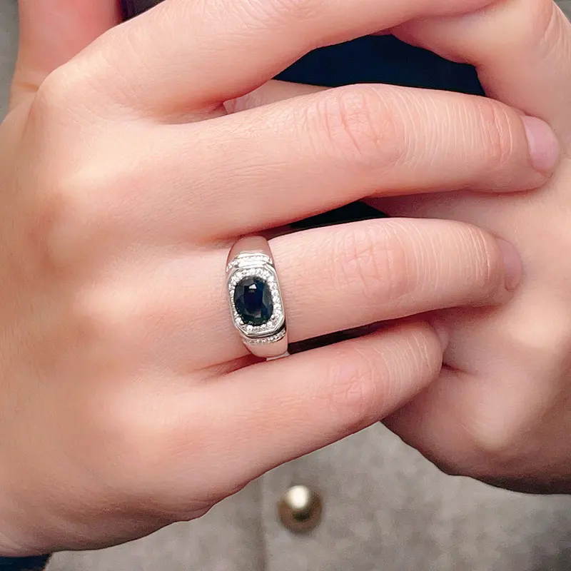 925 Silver all Size Ring Natural Sapphire Ring for Women 8mm*6mm Genuine blck Sapphire Silver Jewelry