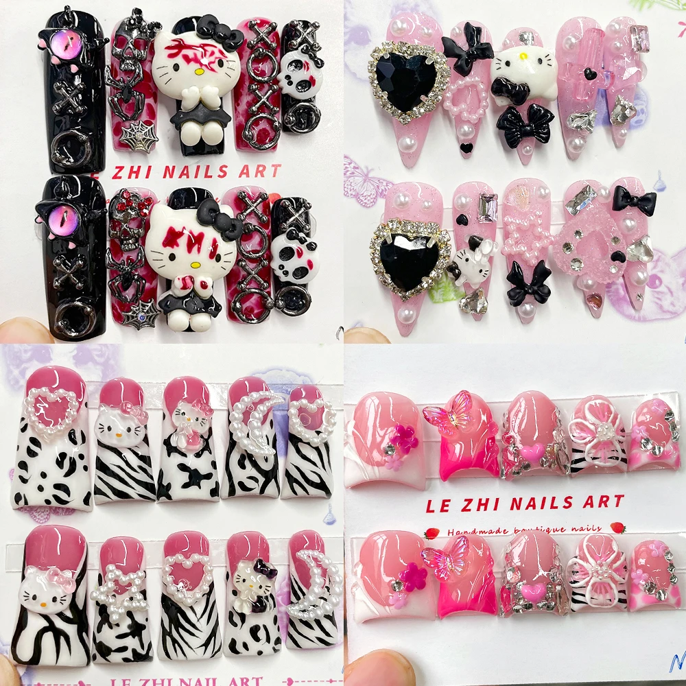 Sales Promotion 3D Handmade Almond Xxl Rectangular Coffin Y2K Spicy Girl Press On Nail Art Diy Hellokitty Rhinestone Fake Nails