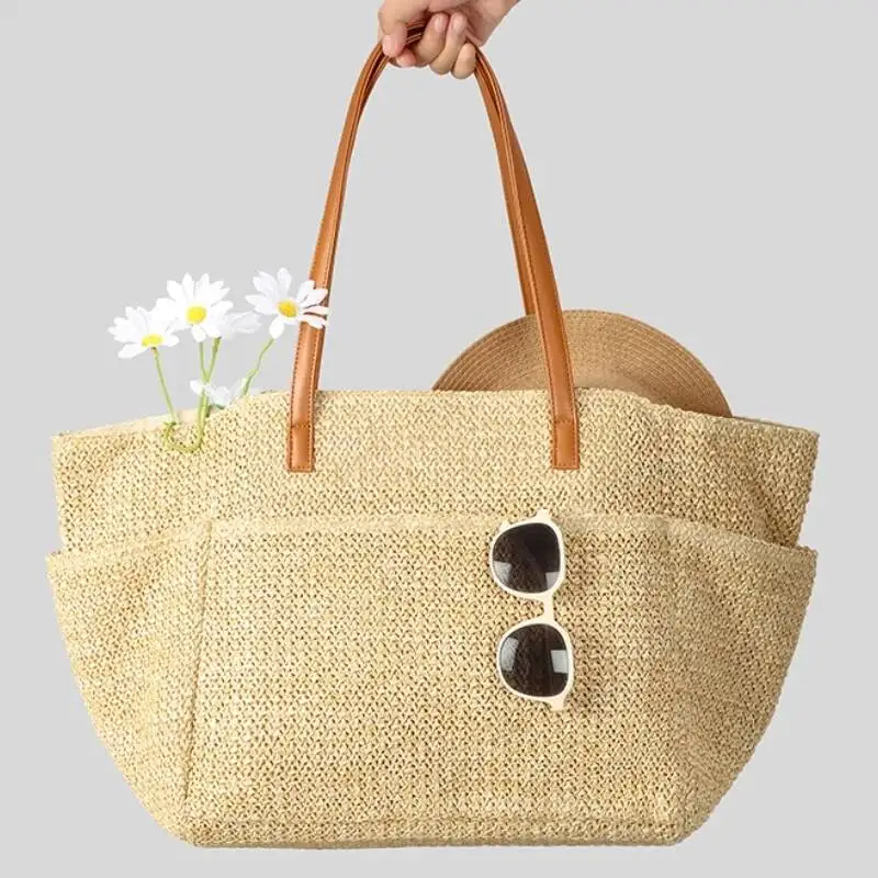 

New Women Vacation Fashion Summer Beach Shoulder Bag Portable Large Capacity Hollow Out Handwoven Handbags Girls Travel Tote Bag