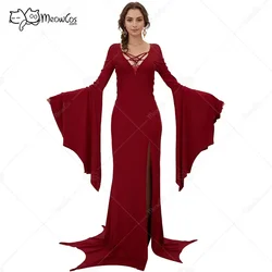 Meowcos Gothic Maxi Dress Vintage Witch Style Deep V Neck High Split Side-Slit Long Sleeved Dress Cosplay Costumes