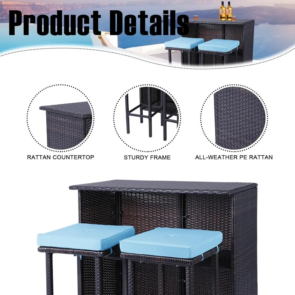 3PCS Patio Bar Set Outdoor Furniture Set Wicker Bistro Set with Two Stools for Patio Backyard Balcony