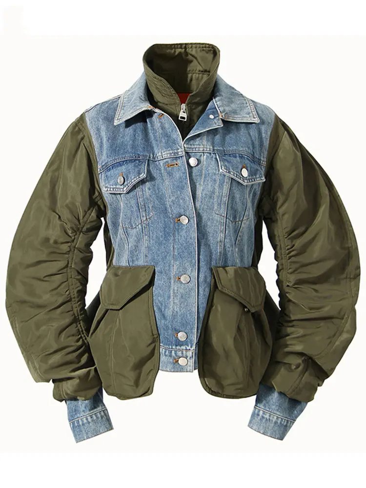 

Loose Fit Green Denim Big Size Pleated Jacket New Lapel Long Sleeve Women Coat Fashion Tide Spring Autumn 2022