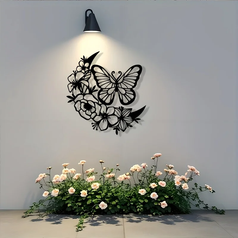 Black Metal Butterfly Flower Wall Sculpture, Modern Botanical Iron Wall Art with Leaf and Petal Design, Horizontal & Vertical Ha