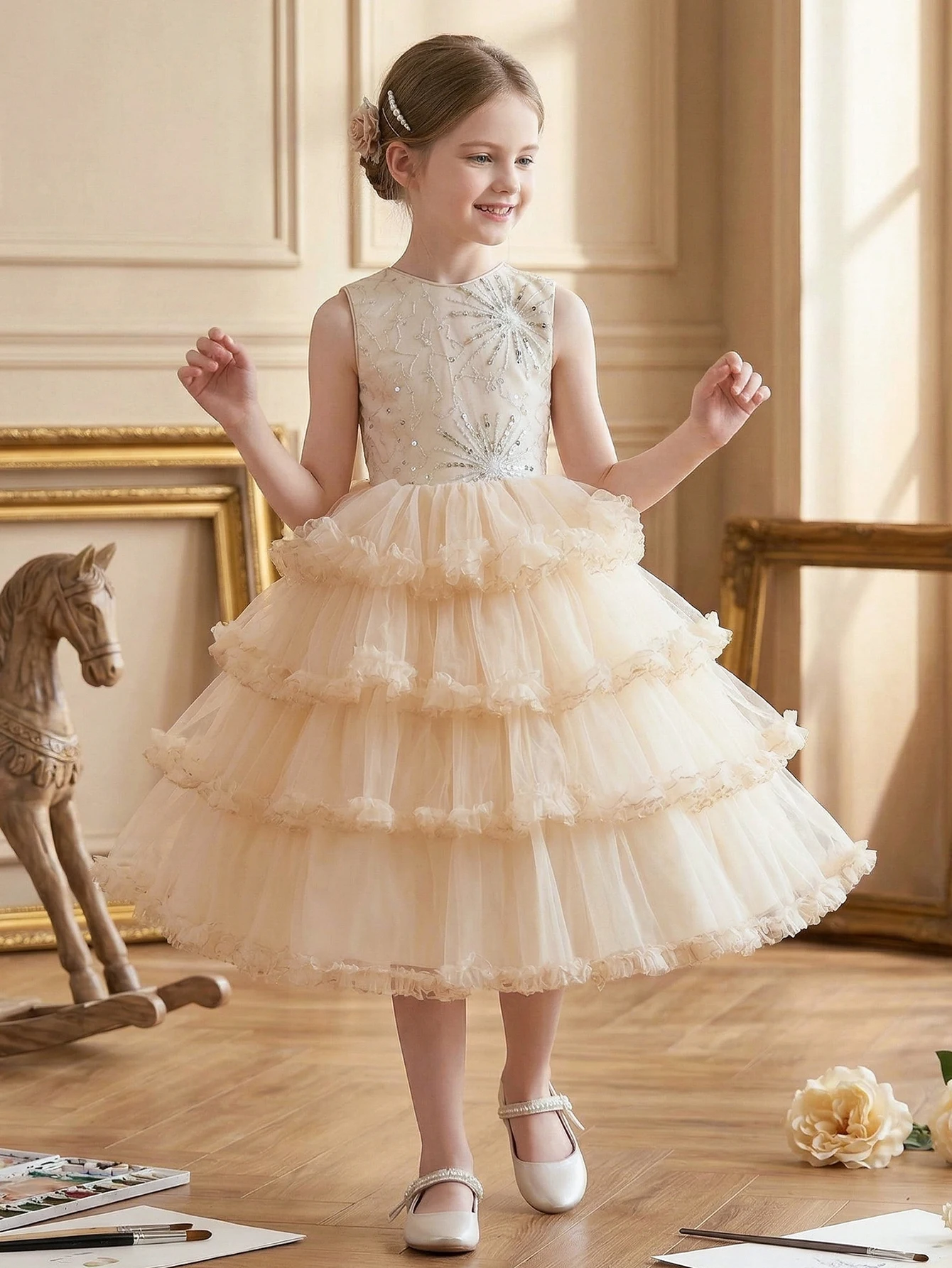 Tween Girls Elegant Champagne Party Dress with Embroidered Sequins Long Flowing Layered Dress with Ruffled Netting Cake Skirt