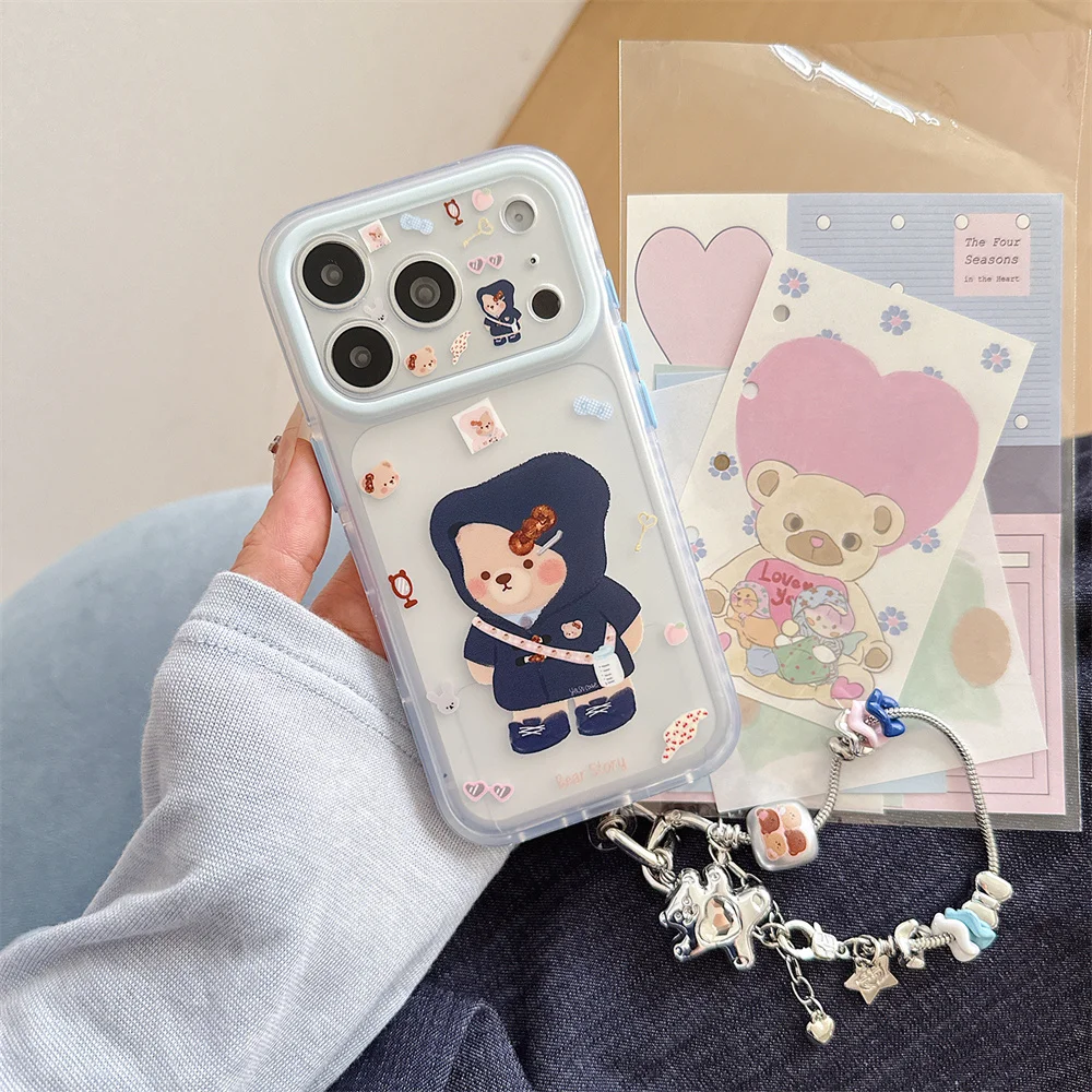 Kawaii Cartoon Bear Case For iPhone 15 16 17 Pro Max Removable Colorful Beaded Chain Hard Shell Shockproof Protective Cover