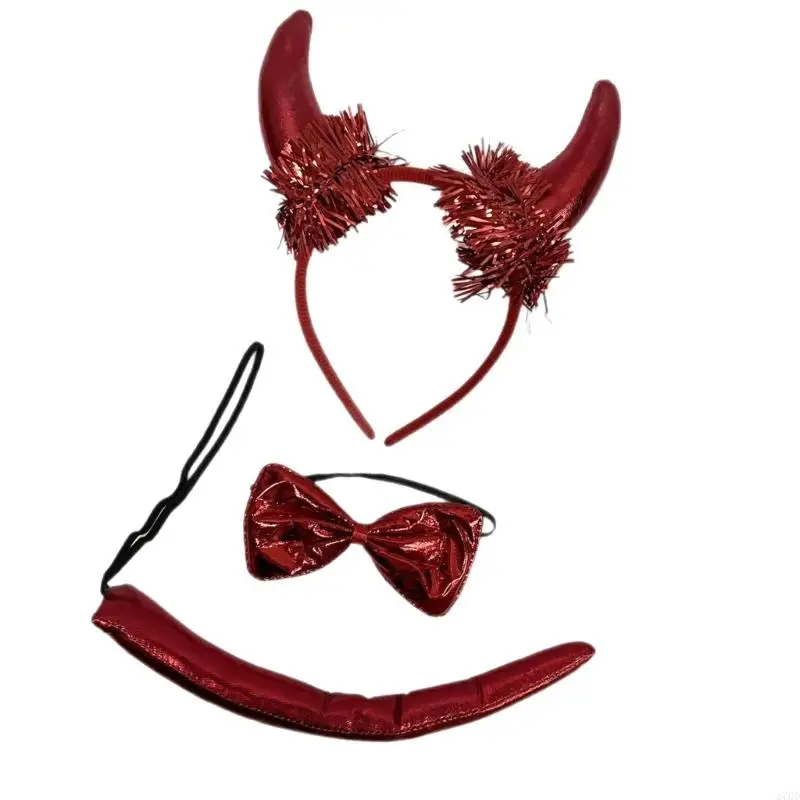 270D حزمة من 3 إكسسوارات أزياء الشيطان الأحمر عصابات رأس وأقواس وربطات ذيول لموضوعات حفلات أعياد الميلاد التنكرية #2