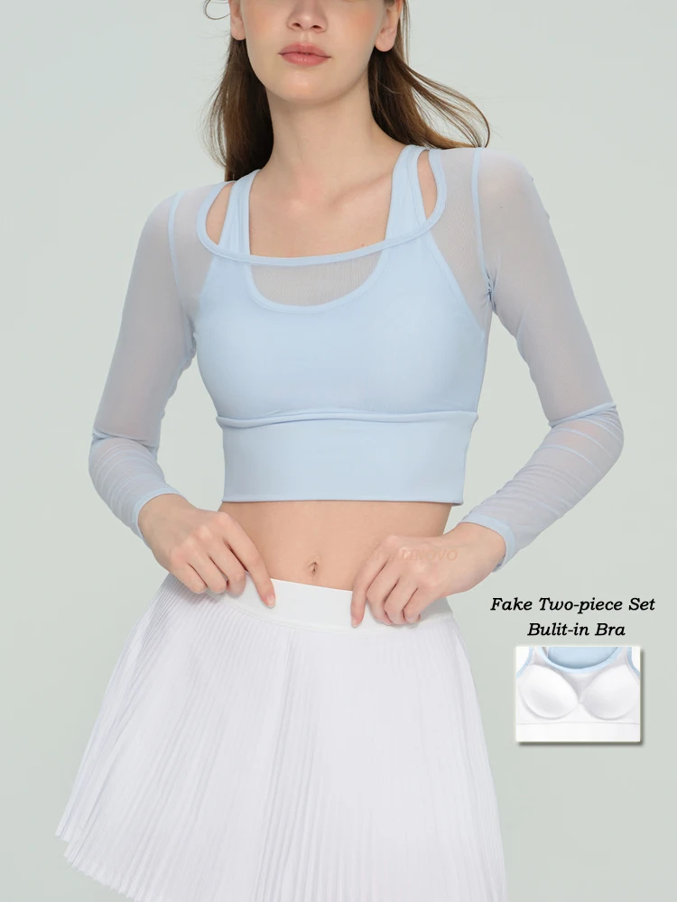 VITALINOVO Mesh Long Sleeve Crop Yoga Tops for Women Double Lined Workout Athletic Gym Shirts Cropped Tops Tee with Built in Bra