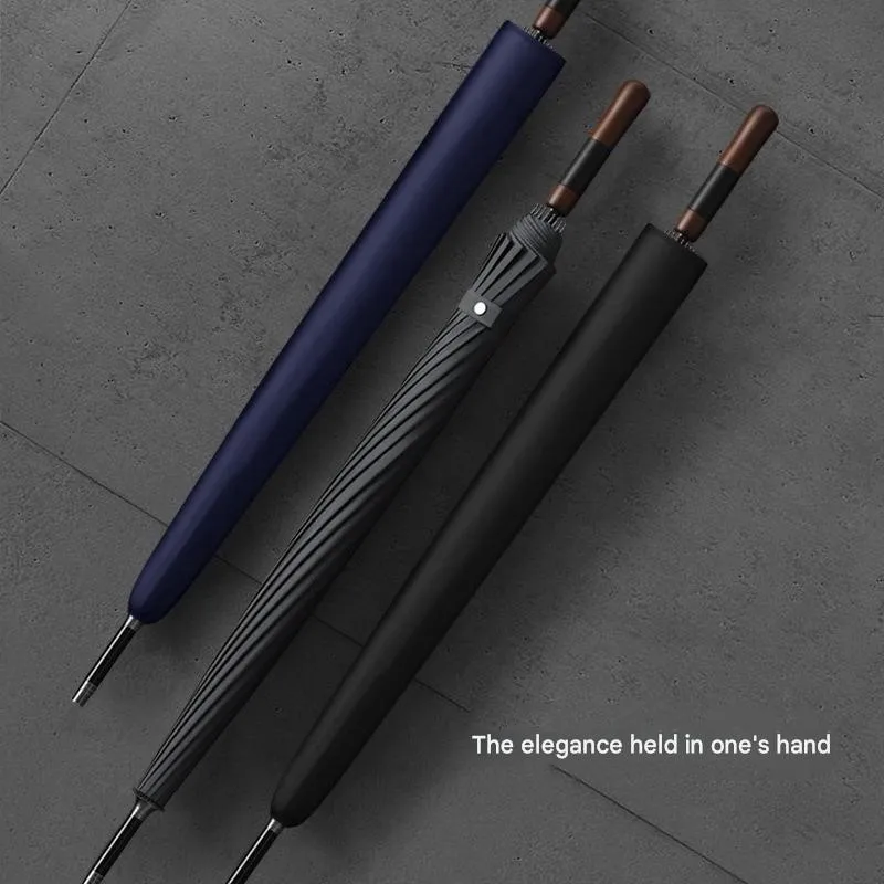 16 Ribs Automatic Long Handle Umbrella Leather Wood Handle Large Windproof Rain Sun Umbrella Advertising Gift