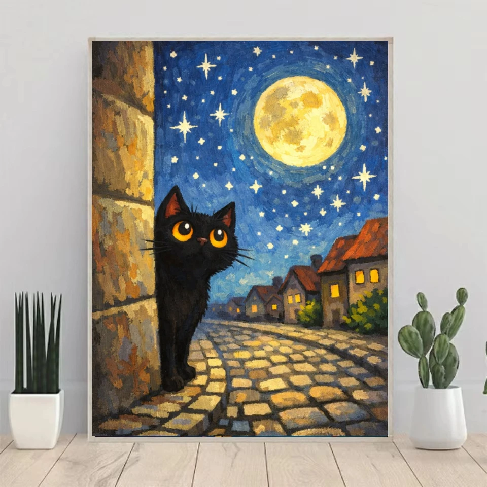 Black Cat Moon Street Scenery 500/1000/1200/2000 PCS Jigsaw Puzzles Home Decor Family Games for Living Room Gift No Frame