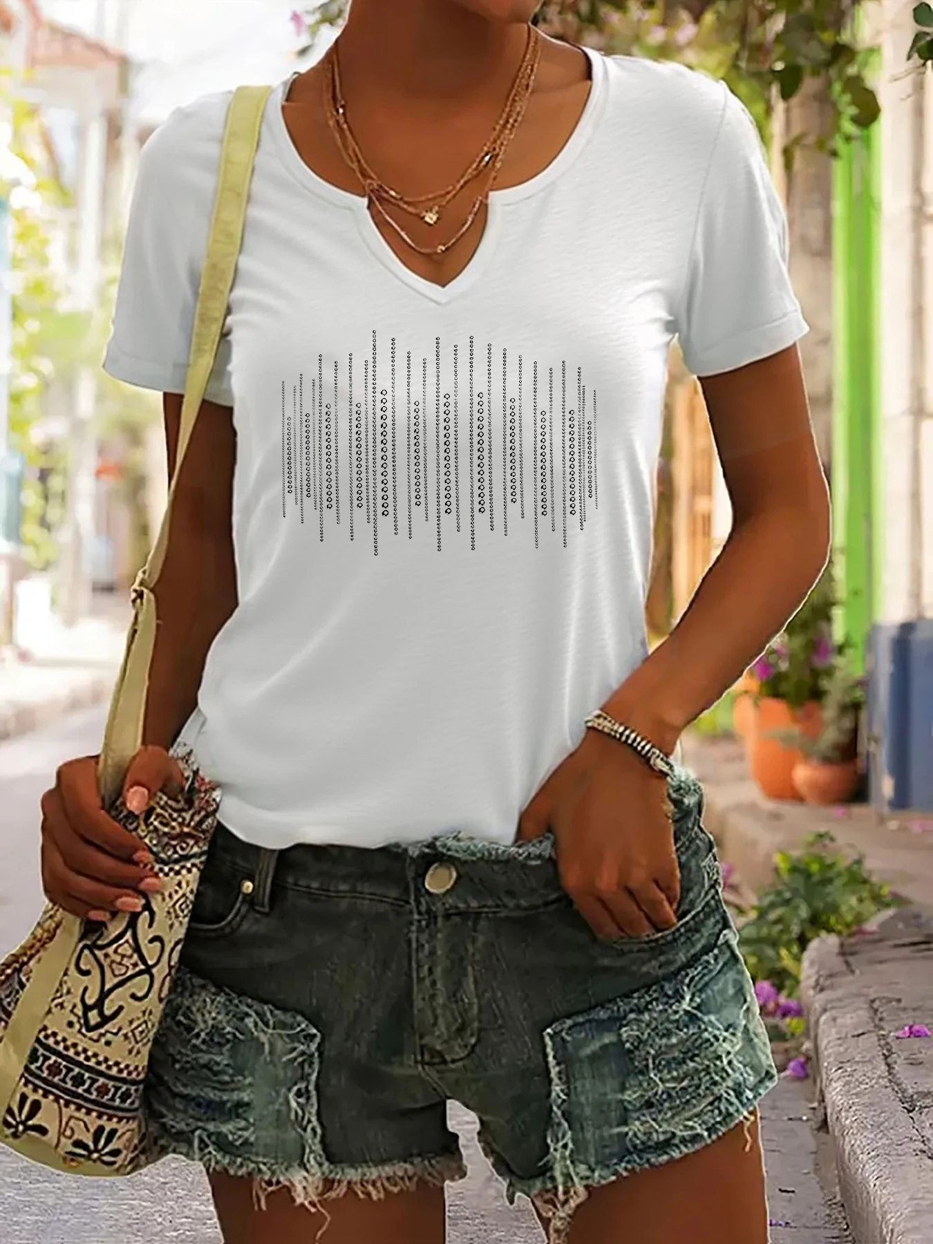 Women Summer Notch V Neck Short Sleeve T-Shirt, Vertical Striped Dot Line Minimalist Graphic Print Casual Daily Tee