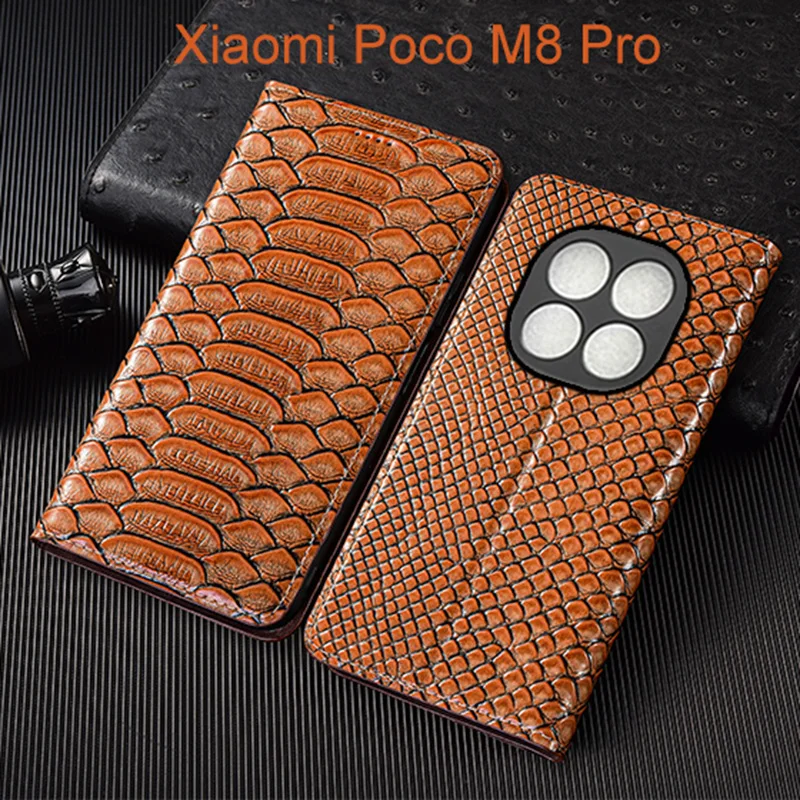 Genuine Leather Flip Case For Xiaomi Poco M8 M8s Pro Phone Cover Card Cases Python Pattern Handmade