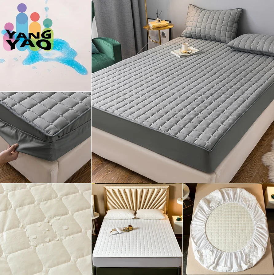 Waterproof Quilted Fitted Mattress Protector Solid Color Antibacterial Twin Full Queen King Size Bed Cover Elastic Band Sheets