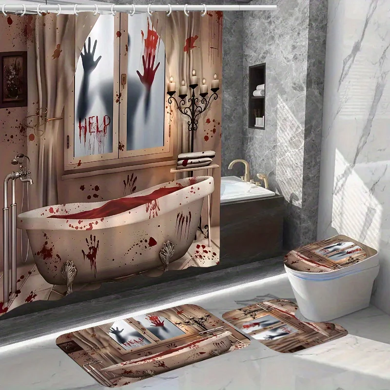 Halloween themed set: 1pc/4PCs waterproof shower curtain, toilet seat cover, bathroom mat, non-slip rug, polyester Fabr