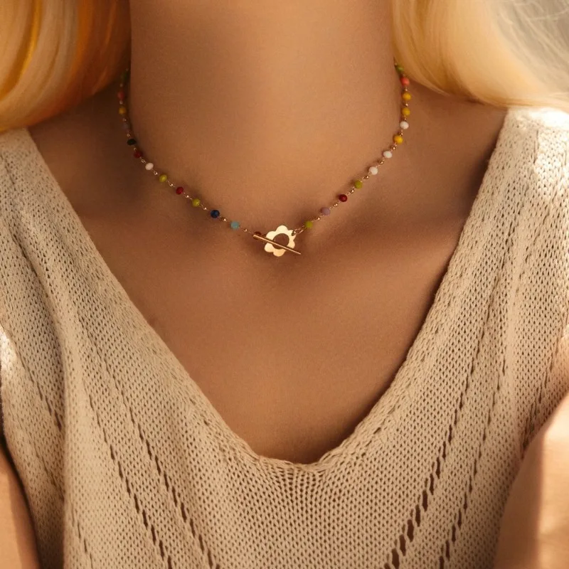 Sweet Ethnic Style Hand-Strung Dopamine Multicolor Glass Bead Flower Toggle Collar Chains Necklace for Women Vacation Jewelry