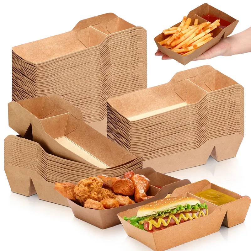 Bandejas de papel Kraft para comida, barco de papel resistente, cesta para servir desechable, bandeja para pepitas de pollo, Nachos, patatas fritas, contenedor para llevar
