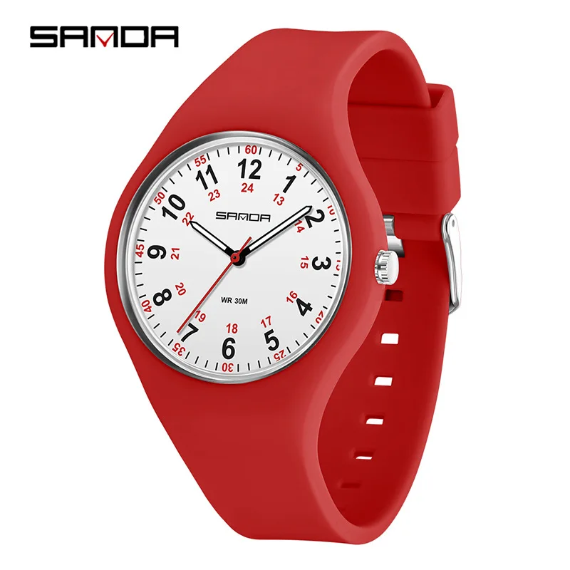 SANDA 3253 Student Quartz Watch Fashion Simple White Green Red Blue Black Silicone Luminous Sport Wristwatch for Gril Clock