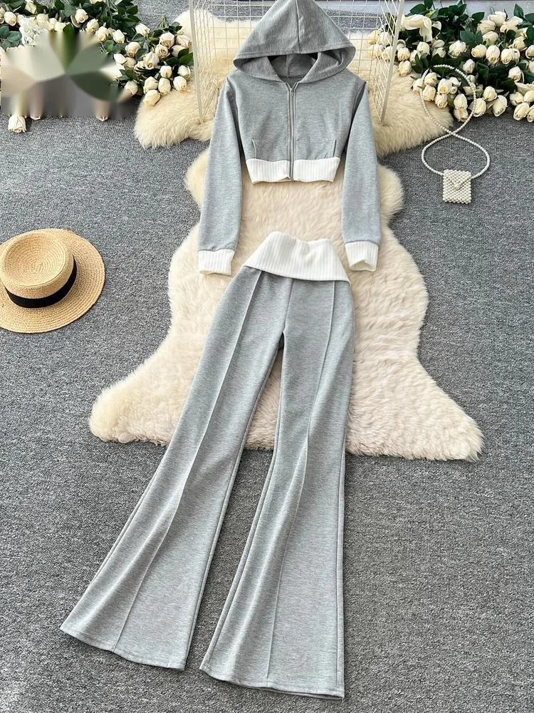 

Осенние женские повседневные спортивные костюмы: укороченный топ на молнии с капюшоном + брюки-клеш с высокой талией, модные, в стиле пэчворк, простые, спортивные комплекты