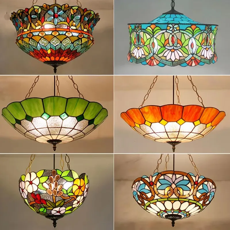 Tiffany Mediterranean Stained Glass Pendant Lights Vintage Hanging Lamp for Dining Room Kitchen Light Fixtures Home Art Decor