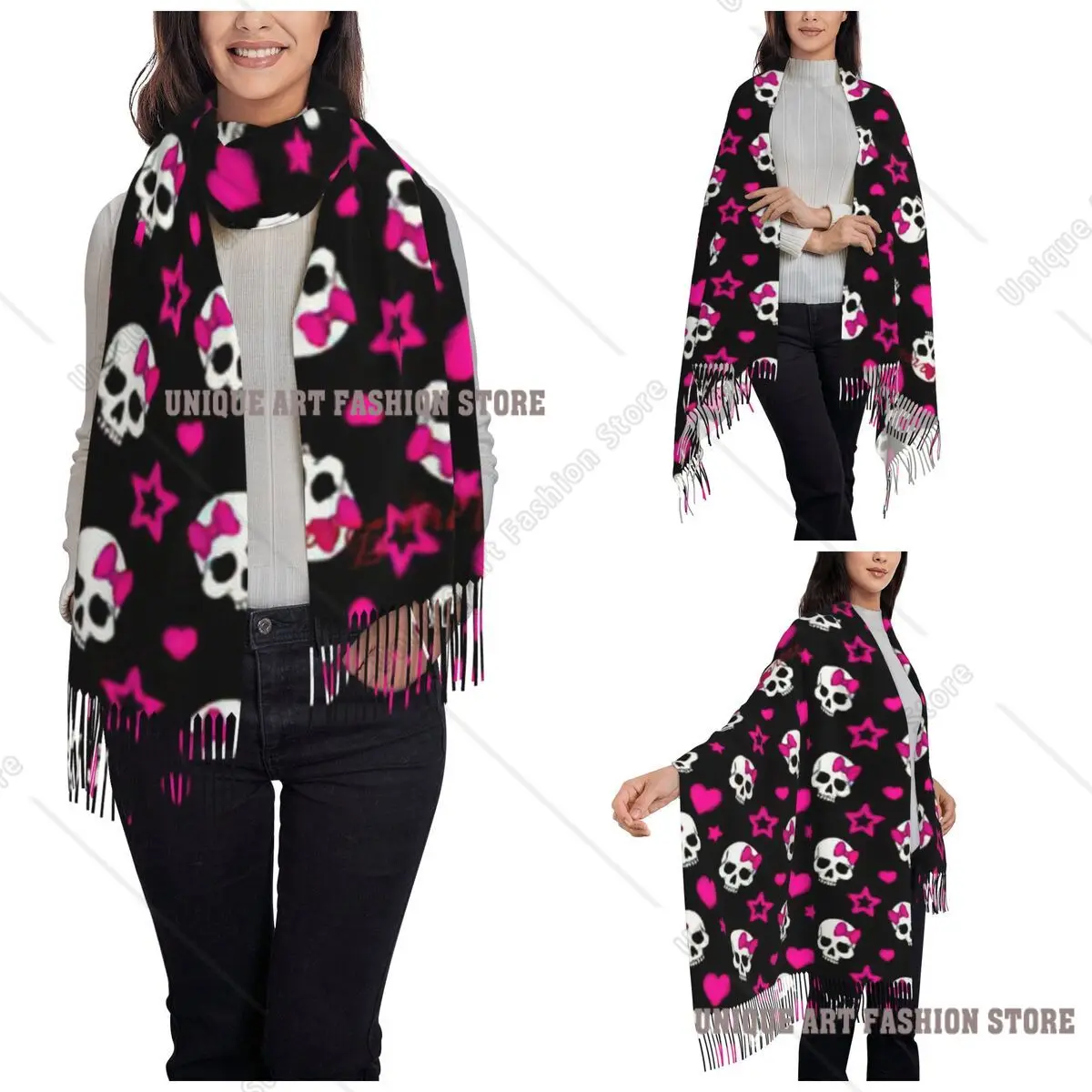 Gothic Pink Skull Scarf for Womens Warm Winter Shawl Wrap Halloween Cartoon Large Shawl Scarf Ladies
