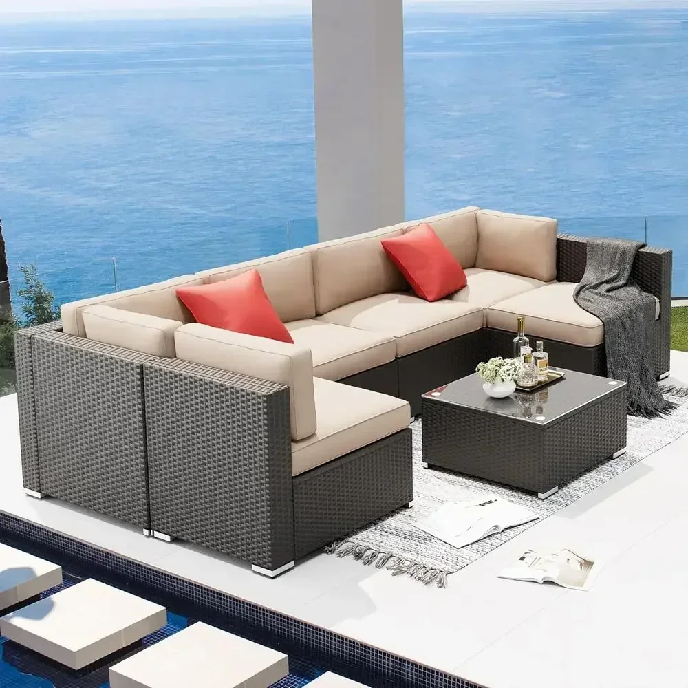 7-Piece Outdoor Sectional Sofa Set with PE Rattan Wicker, Washable Cushions, and Glass Coffee Table - Brown