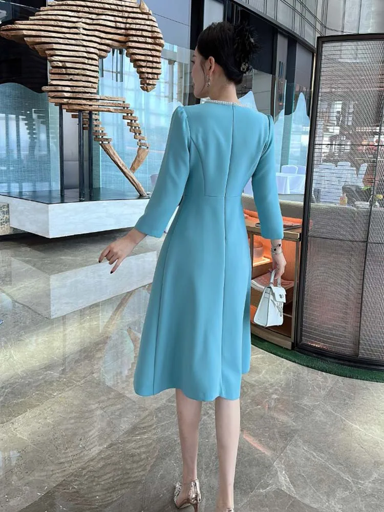 ZJYT Autumn Designer Beading Elegant Dresses for Women 2024 New Long Sleeve Solid Blue Casual Aline Midi Dress Female Vestidos