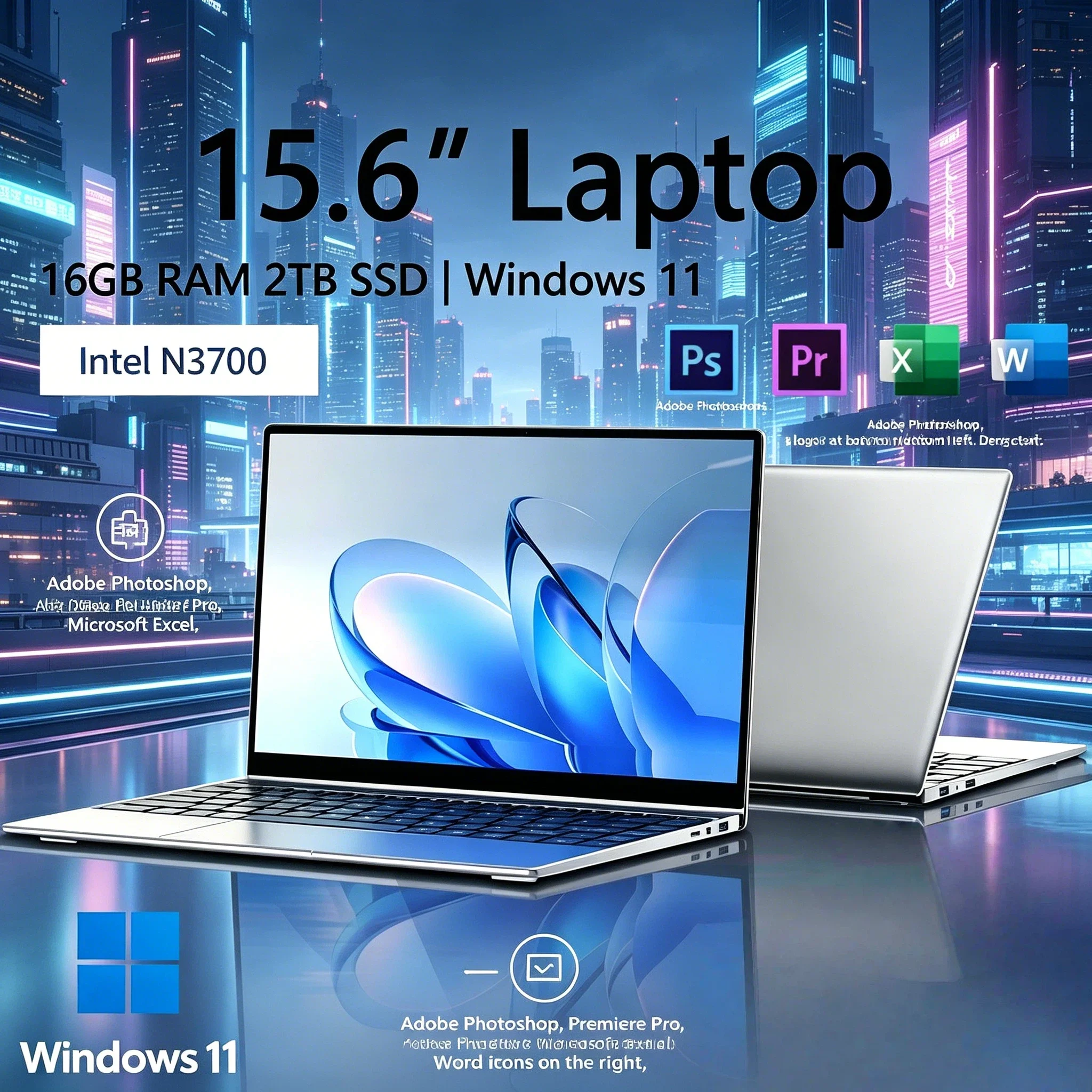 

NEW 15.6 Inch Office Laptop Intel N3700 16GB RAM 2TB SSD Windows 11 Ultra Slim Notebook Gamer 1920x1080 Study PC Gift