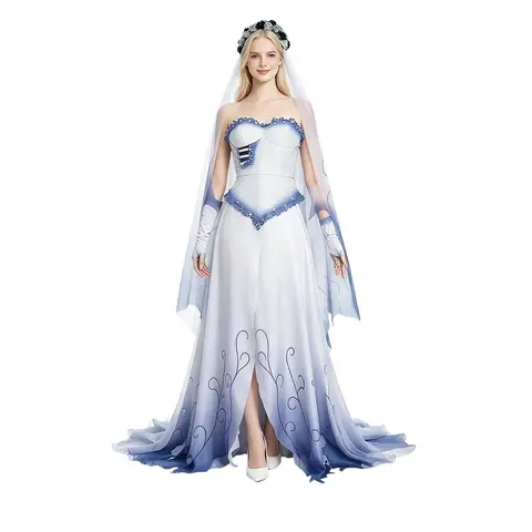 Corpse Masquerade Bride Emily Cosplay Fancy Dress Costume Wig Zombie Ghost Halloween Party Dress up Women Scary Gothic Suits