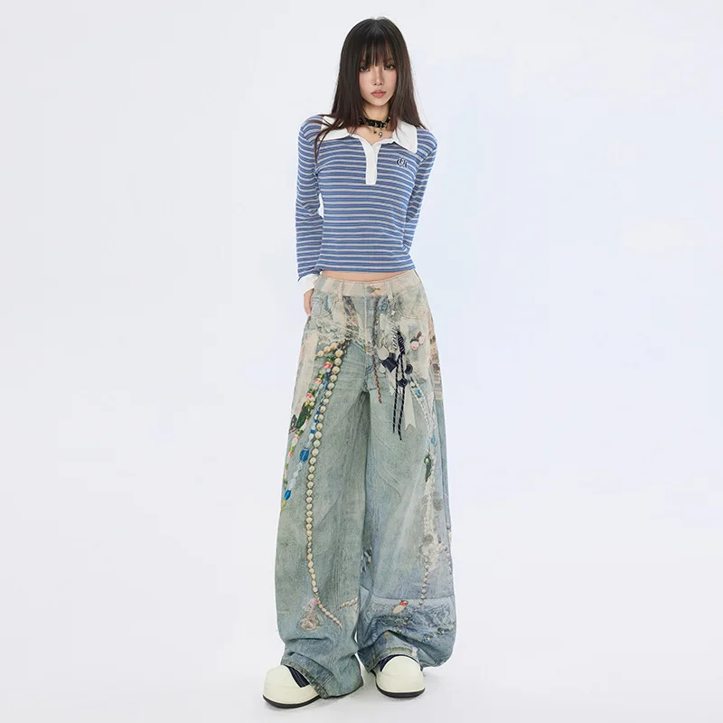 Unique Design Printed Chain Vintage Jeans For Men And Women Autumn Street Style Cool Grunge Ink Splash Wide Leg Pants